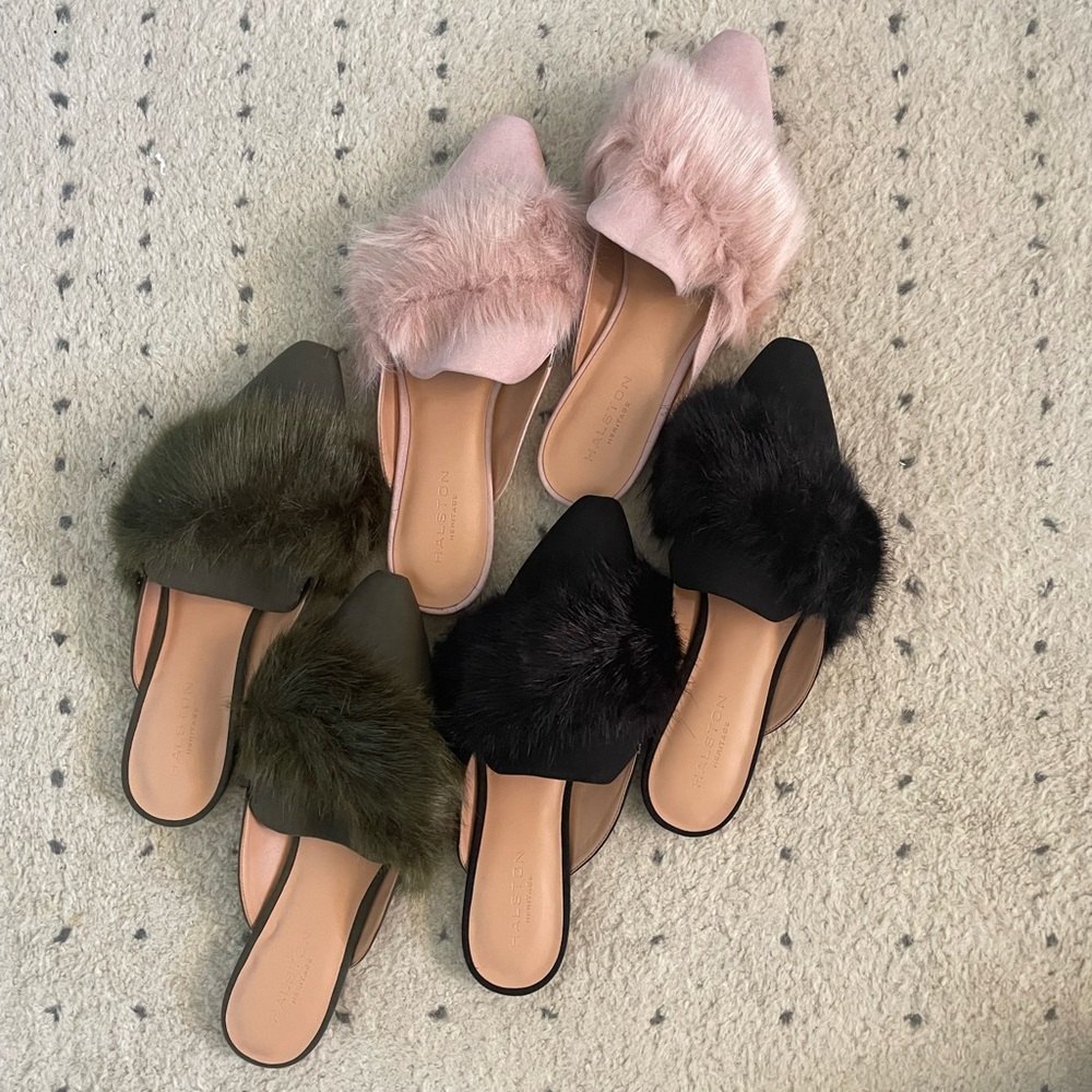HALSTON HERITAGE Lisa suede faux fur green slides